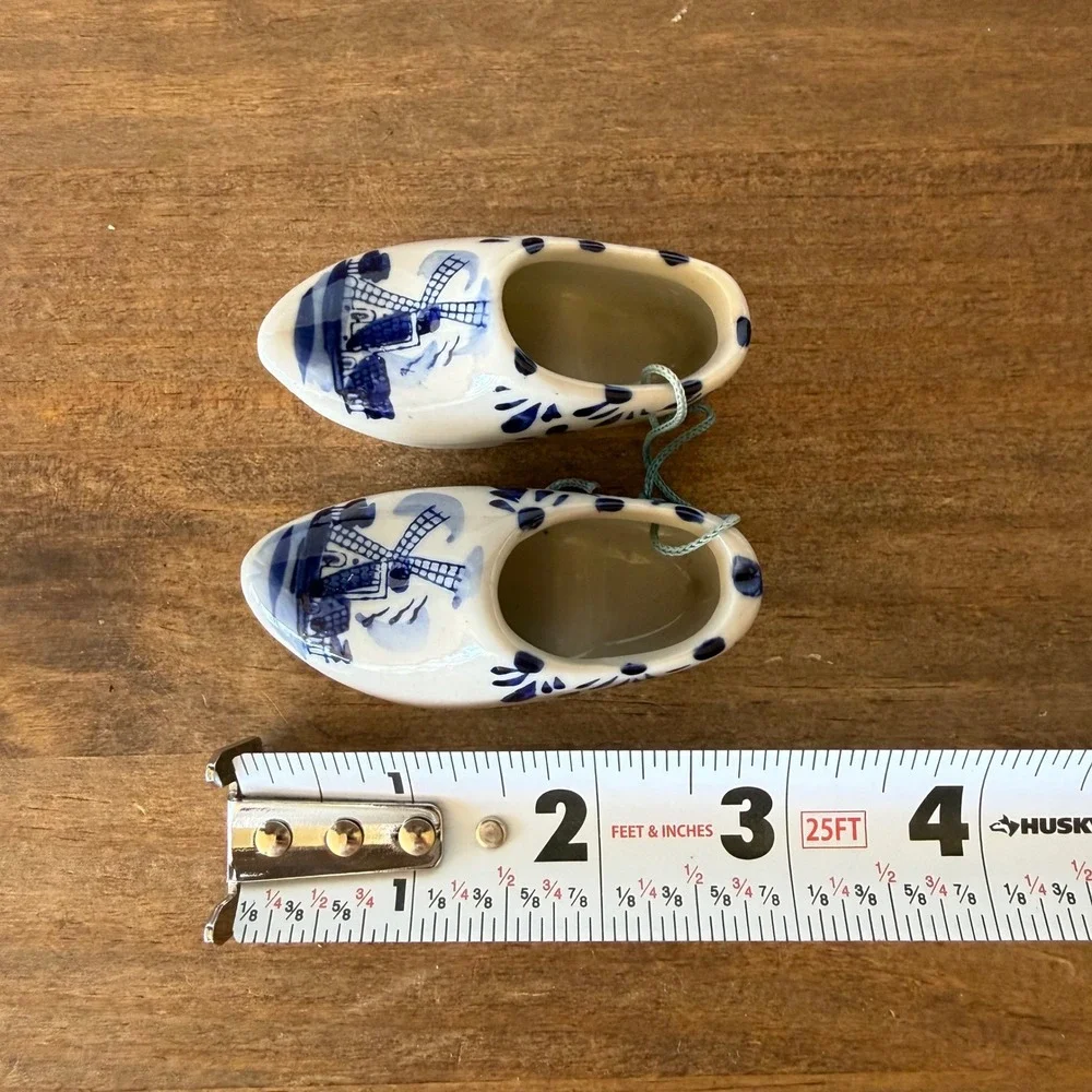 Vintage Blue White Ceramic Dutch Clogs Windmill Miniature Figurine Ornament